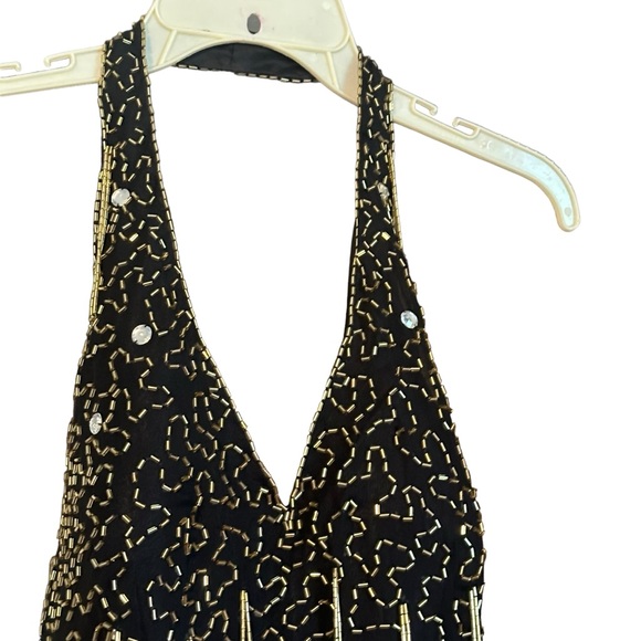 Vintage De Oscar Collection 100% Silk Beaded Fringe Halter Midi Dress Sz 8 EUC - Picture 6 of 16